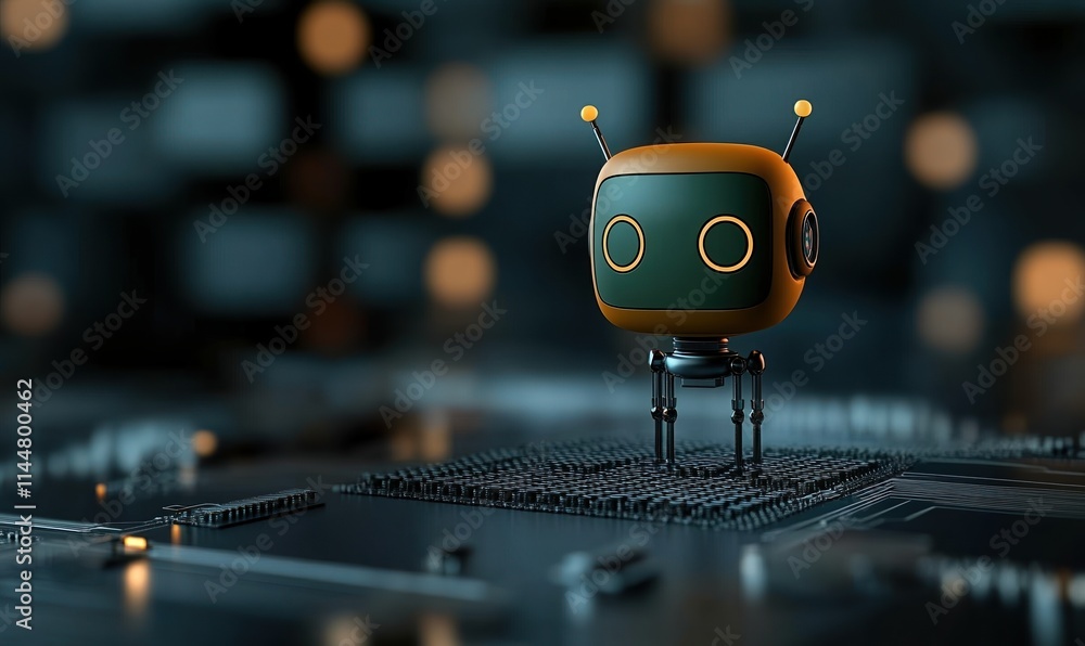 Aufkleber glowing stick figure robot stands on microchip, showcasing innovation in artificial intelligence and