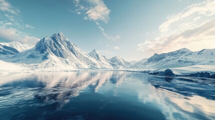 Arctic landscape with captivating ocean view and majestic mountains creates a stunning visual rich in natural beauty. Ideal for evoking a sense of adventure with ample photo space.