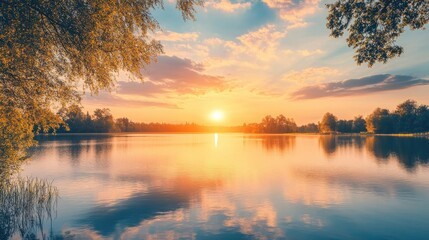 Obraz premium A serene lakeside view captured during a stunning sunset, highlighting the tranquility and beauty of the landscape with vibrant colors and ample space for text.