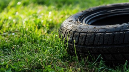 Punctured tire sets against a backdrop of grass, highlighting a major repair issue. The punctured tire captures the challenges of maintenance, with ample space for text.