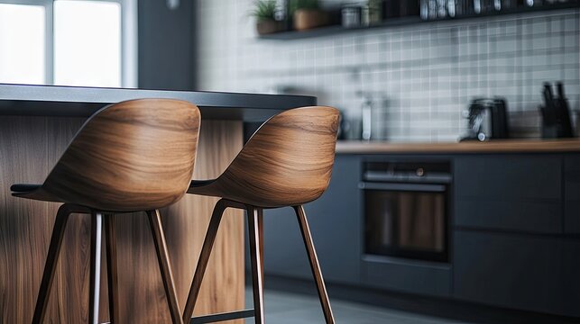 Modern stools with wooden seats and legs create a stylish aesthetic in any setting. These modern stools offer a perfect blend of design and comfort, featuring generous photo-style copy space.