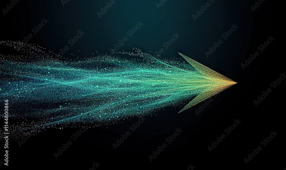 Poster glowing digital arrow made of green and blue particles representing technology and data flow on a da