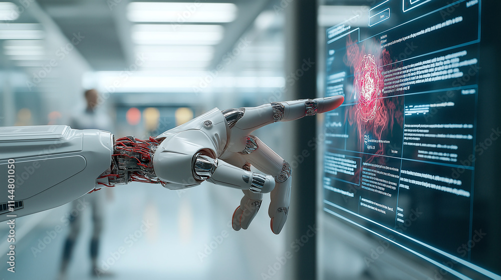 Poster robotic hand interacting with holographic display, showcasing advanced technology and innovation. sc