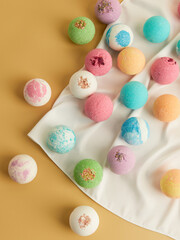 handmade colored bath bombs in a minimalistic composition