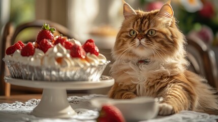 Persian cat perched beside a delicious maritozzo dessert, creating an ideal setting for a pet awareness poster concept. The image captures the essence of pet companionship with a wide banner format.