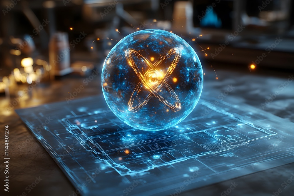 Poster hyper detailed 3d rendering of a technetium atom showcasing its electron composition and application