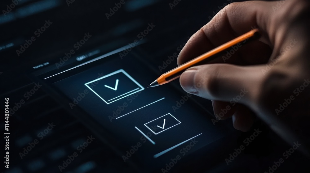Poster completing an online survey form with futuristic technology and a digital interface