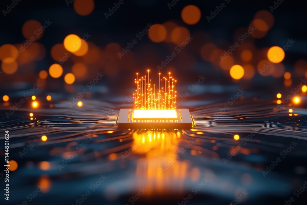 Poster close-up of a glowing microchip with vibrant sparks in a dark, abstract environment.
