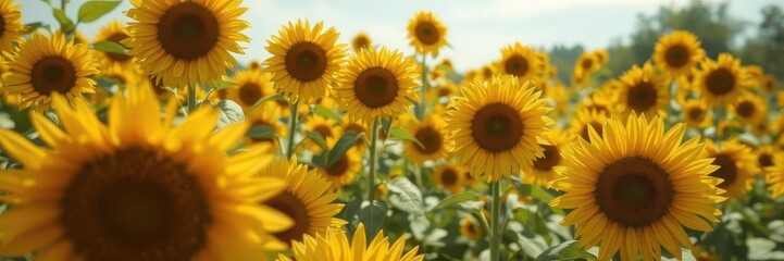 Obraz premium Vast field of vibrant sunflowers in full bloom, sunny day, wildflower, flora