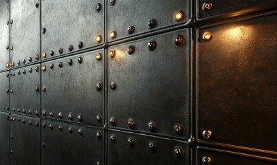 Fototapeta premium Dark metal wall, riveted panels, subtle lighting.