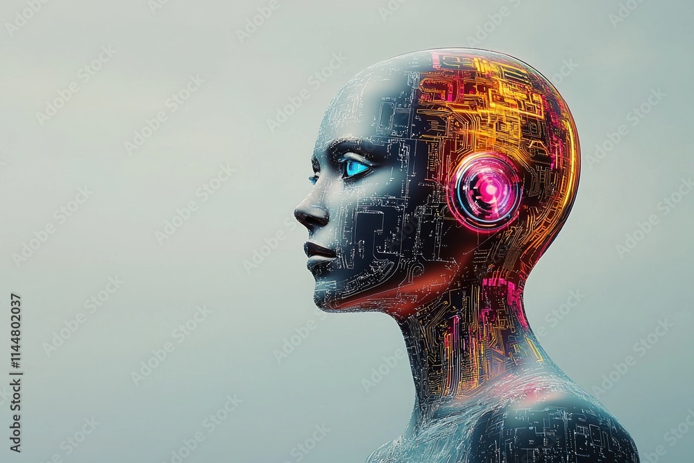 Poster futuristic depiction of an ai woman with circuit patterns and glowing features