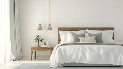 Brightly lit bedroom interior with stylish bed linens and a focus on the simplicity of bedroom design, creating a serene atmosphere. Ample copy space for versatility.