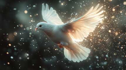 A dove flying with soft, glowing trails following its wings.