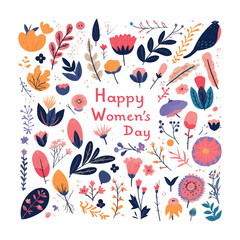 A colorful drawing of flowers and leaves with the words Happy Women's Day written in red. Concept of joy and celebration for women's day