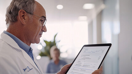 A doctor using a tablet to review a patient's digital health records during a consultation. The tablet screen shows an intuitive interface with tabs for lab results and treatment notes. The patient