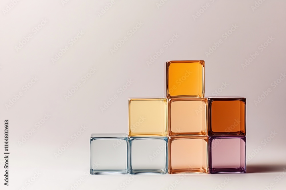 Poster pyramid structure of transparent cubes reflecting soft rainbow hues against a minimal backdrop