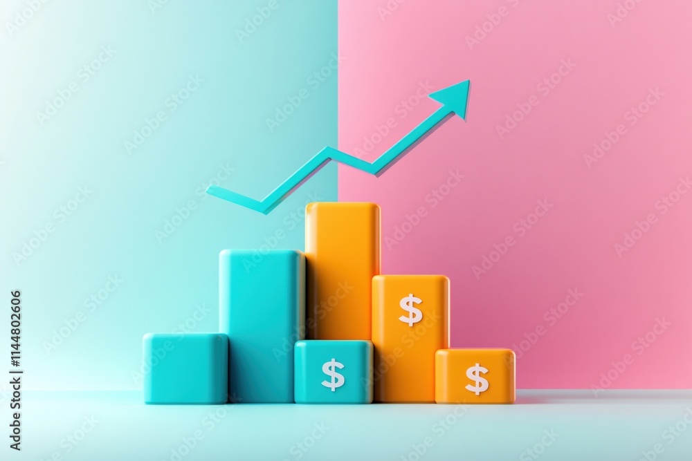 Poster visual representation of financial growth through blocks and upward trends in a structured setting
