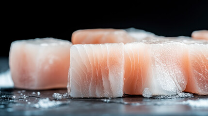 Close-up of frozen fish fillets on a black surface with ice crystals.