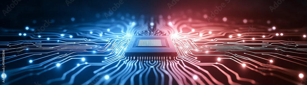 Poster close up view of microchip surrounded by glowing circuit lines, showcasing blend of blue and red lig