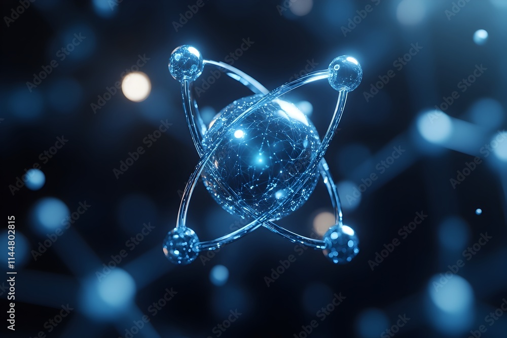 Poster technetium atom as abstract 3d representation highlighting its unique electron and importance in med
