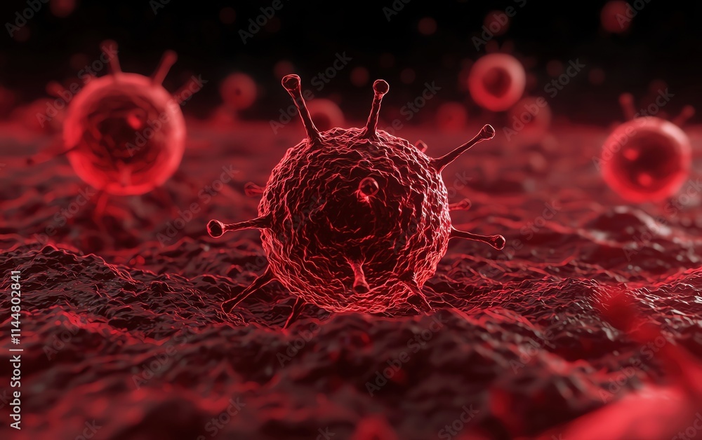 Poster close-up view of vibrant red virus particles on a textured surface.