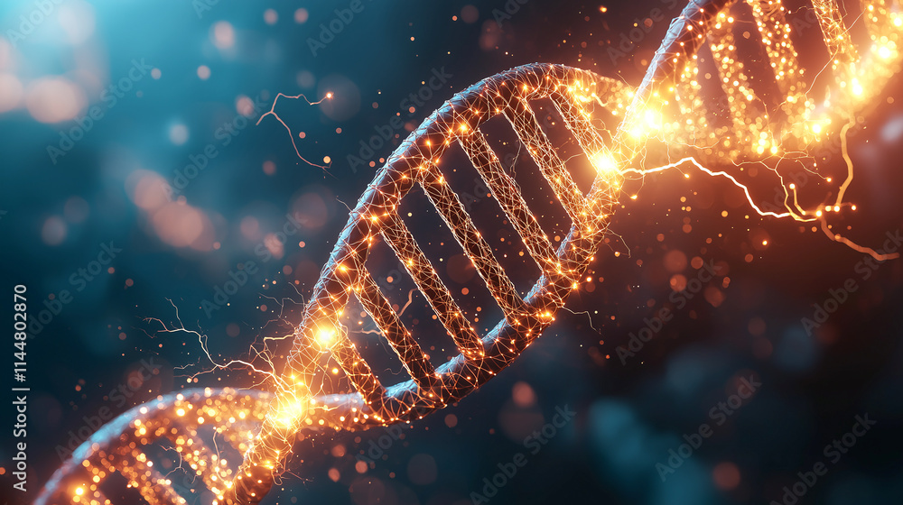 Poster glowing double helix structure with vibrant particles and light effects, representing essence of lif