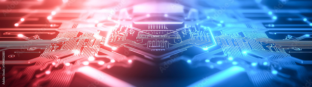 Poster abstract background featuring glowing circuit board design in red and blue tones, showcasing intrica