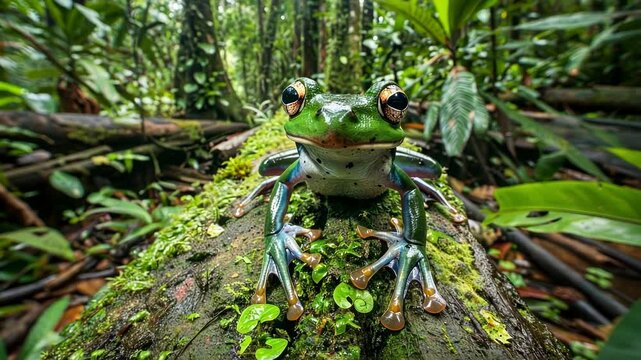 Vibrant green wallace's flying frog perches on a mossy log in a lush rainforest, showcasing its unique webbed feet and captivating gaze amidst the verdant foliage