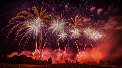 A dazzling display of multicolored fireworks lighting up the night sky above a modern urban skyline.
