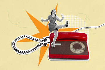 Creative art banner collage of happy girl dance retro telephone handset telecommunication speech...