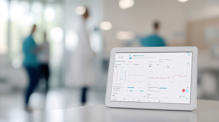 A sleek digital tablet displaying an organized health record interface, complete with patient demographics, medical history, and charts of vital signs. The background shows a modern hospital setting