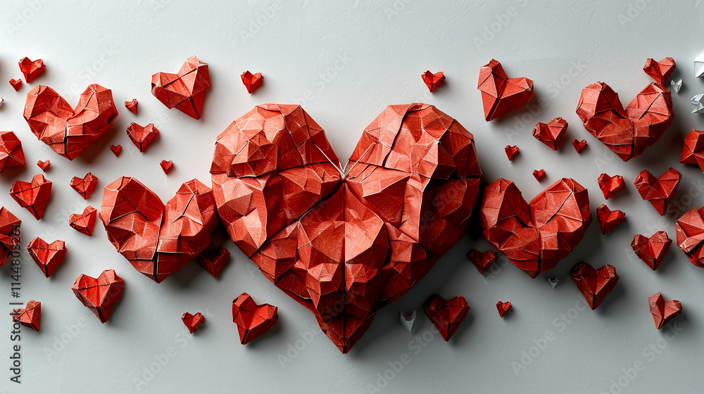Poster intricate origami hearts create a beautiful pattern on a soft background