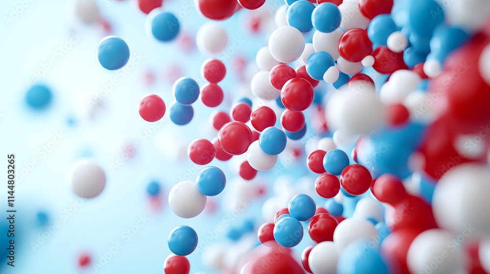 Poster colorful abstract background with red, white, and blue spheres floating in space, creating dynamic a