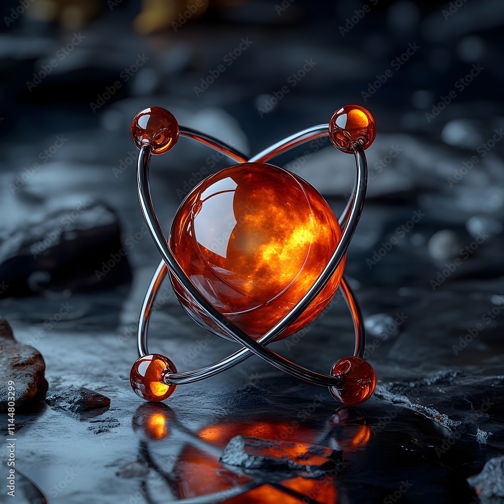 Poster technetium atom as an abstract 3d visualization highlighting its unique electron and importance in m