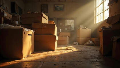 Cajas de cartón en habitación desordenada y abandonada