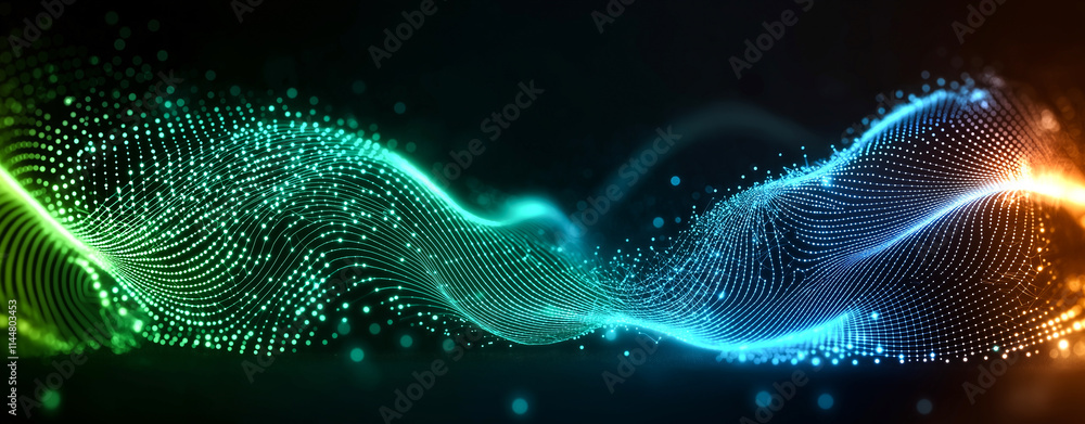 Poster abstract background with glowing green, blue, and orange waves, creating dynamic and vibrant visual 