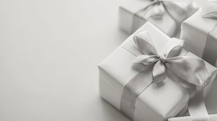 Elegant white gift boxes adorned with a grey ribbon create a charming scene. This image captures the beauty of white gift boxes, perfect for any festive occasion, with ample copy space.
