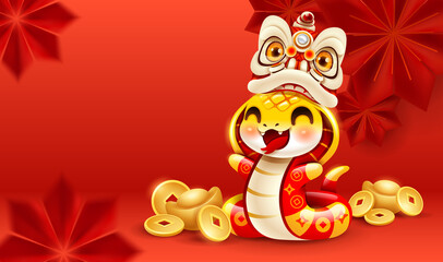 Chinese New Year cute snake on oriental paper graphic flower background. Year of Snake.