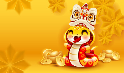 Chinese New Year cute snake on oriental paper graphic flower background. Year of Snake.