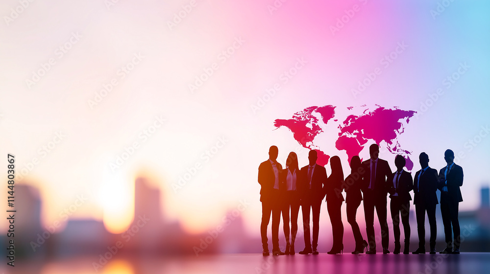 Poster silhouettes of diverse business people against colorful abstract background with world map. this con