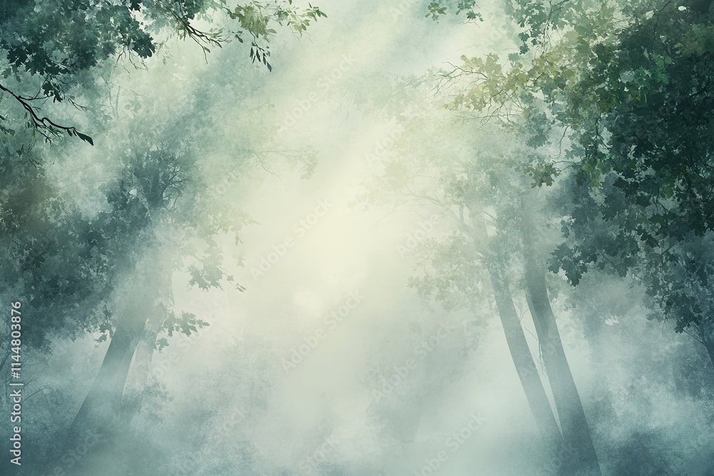 Poster misty forest background with soft light filtering through trees evoking sense of calm and tranquilit