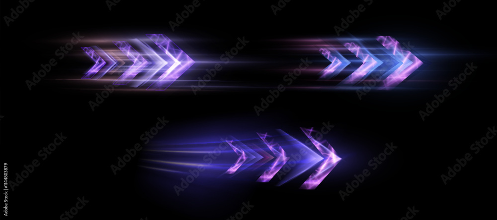 Aufkleber Glowing stream of light energy of violet glow. Light arrow of direction of movement. Vector on black background for design and illustrations of game interfaces and advertising.
