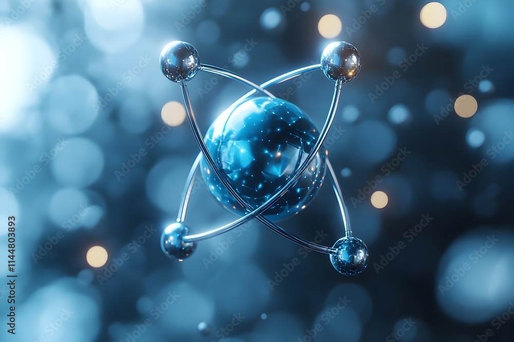 Poster technetium atom 3d visualization emphasizing its role in medical imaging and diagnostics minimalist 