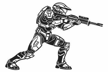 Sci-Fi Warrior, A futuristic character with body armor, helmet, and a laser weapon vector silhouette on a white background