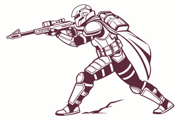 Sci-Fi Warrior, A futuristic character with body armor, helmet, and a laser weapon vector silhouette on a white background