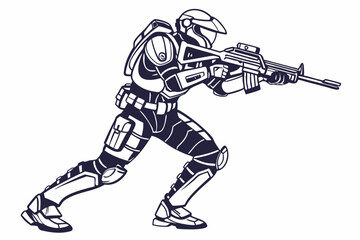 Sci-Fi Warrior, A futuristic character with body armor, helmet, and a laser weapon vector silhouette on a white background