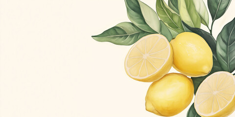 A lively depiction of lemons with cut and whole fruits adorned by green leaves, emphasizing freshness and zest. Ideal for vibrant kitchen or cooking themes.