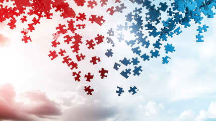 Colorful puzzle pieces falling from sky, creating dynamic abstract scene. red and blue pieces blend into serene background, evoking sense of creativity and imagination
