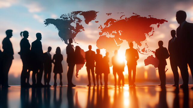 Silhouettes of diverse business people against world map backdrop, symbolizing global collaboration and networking. sunset creates warm, inspiring atmosphere
