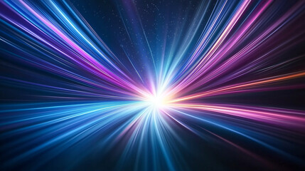 Obraz premium Vibrant blue and purple light rays converge towards bright center, creating dynamic and abstract visual effect. This evokes sense of movement and energy